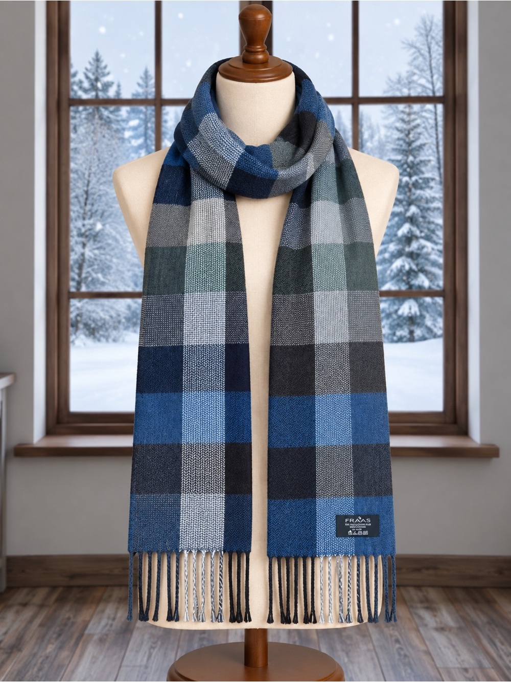 FRAAS Plaid Scarf Blue Gray Navy Charcoal Unisex Winter Fringe